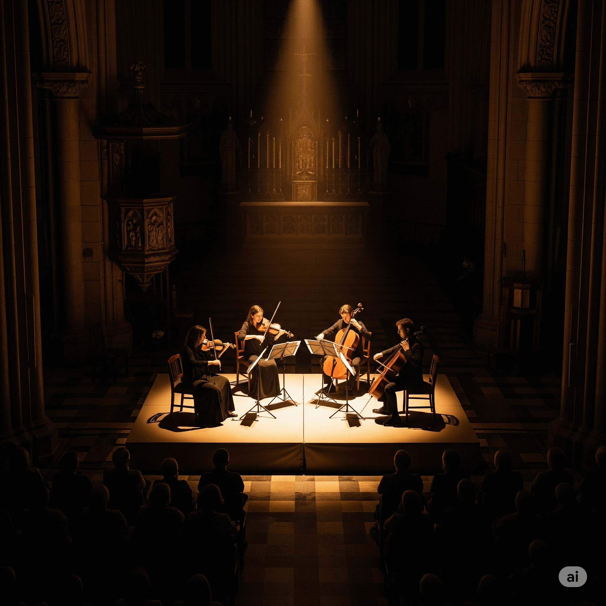 The Classicum string quartet performing Vivaldi in the grand hall of a historic Italian cathedral