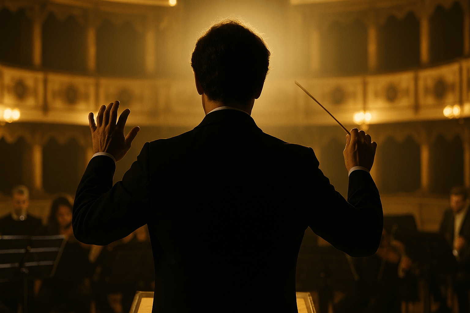 A conductor's back view, leading an orchestra in a historic venue