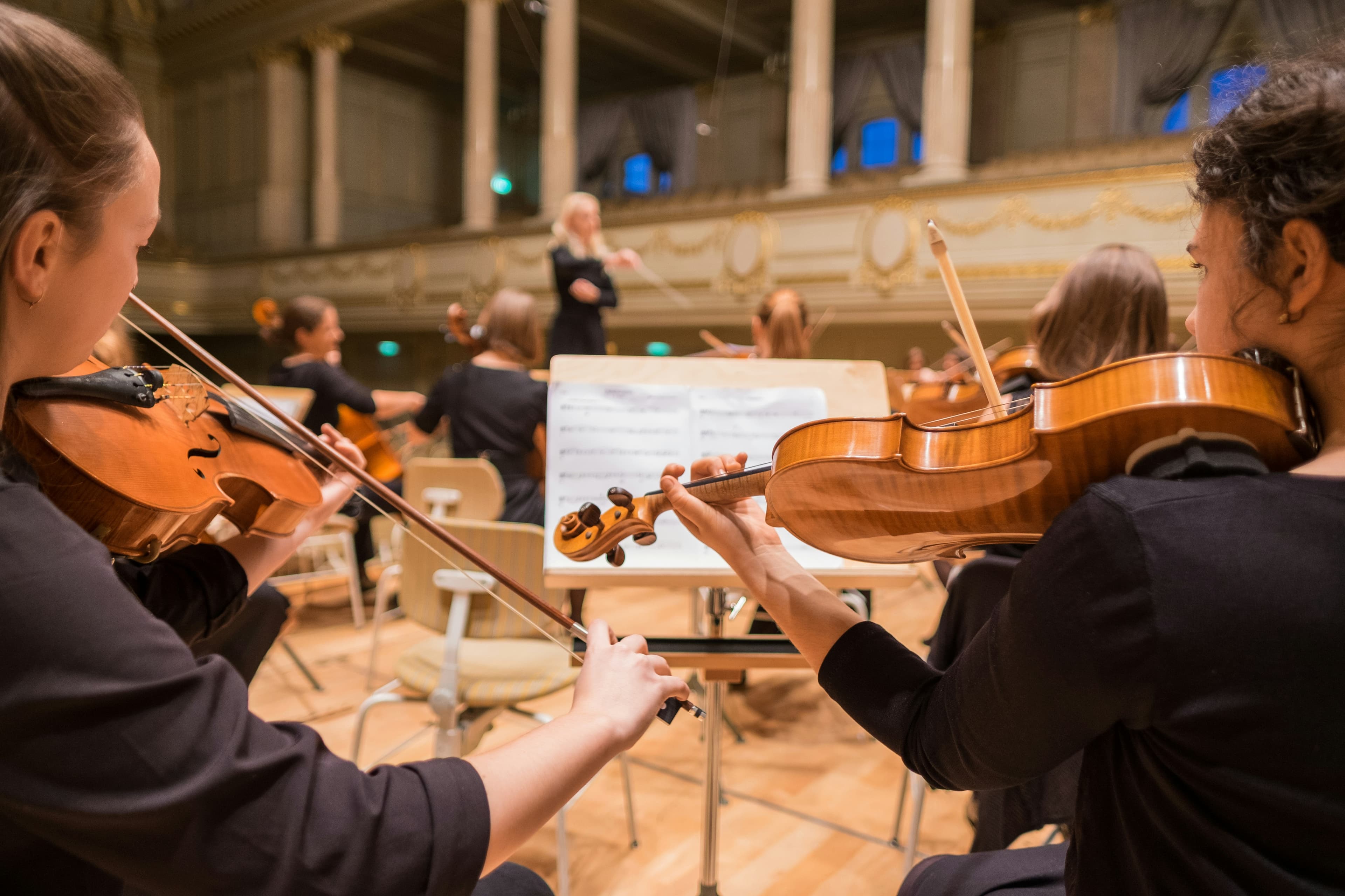 Close-up of a string quartet's hands and instruments during a performance.